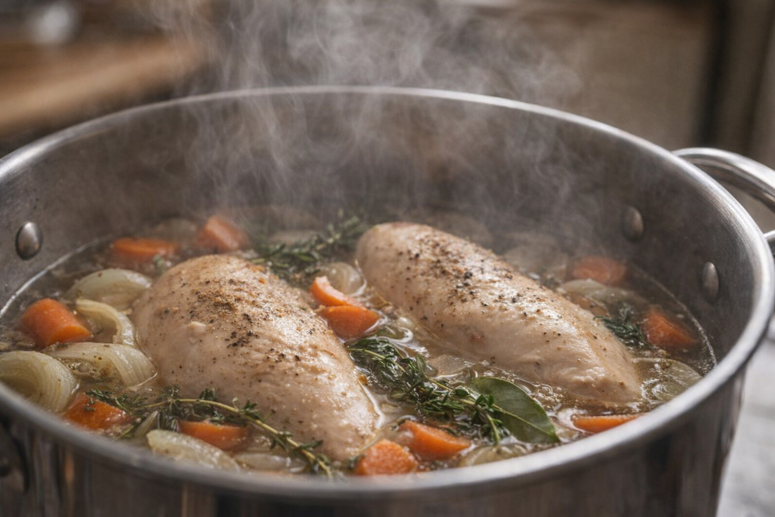 An eye-level shot of chicken breasts simmering gently in a stockpot with onions, carrots, and herbs, steam rising, soft kitchen lighting